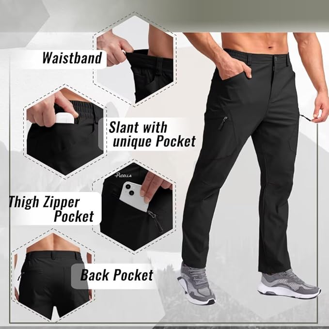 Pudolla Men's Lightweight Hiking Pants with 7 Pockets Quick Dry Water Resistant Fishing Travel Pants