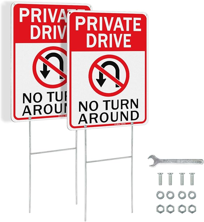 GicnKeuz Private Driveway No Turn Around with metal stake Signs, 14 x 10 Inches Reflective Aluminum Signs, Fade Resistant/Waterproof, Easy to Install, Outdoor Use （2 - Pack）
