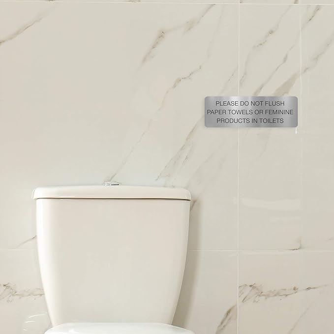 Please Do Not Flush Paper Towels Or Feminine Products In Toilets/Black On Silver 3" x 9" Bathroom Wall Sign/Public Business Restroom Sign/Made In The USA