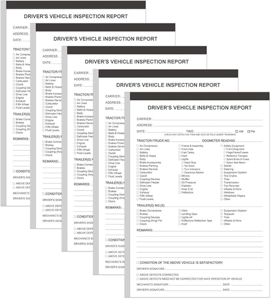 (5-Pack) Detailed Driver's Vehicle Inspection Report Book Format, 2-Ply Carbonless, 31 Sets of Forms per DVIR Log Book for Truck Drivers, 5.8" x 8.3"