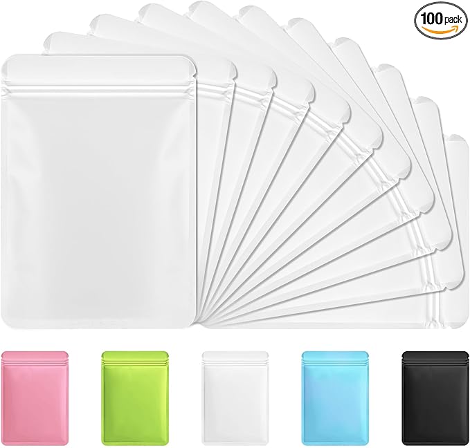 Funfery 100 Pack White Mylar Packaging Bags Resealable Bags Double Sided Color Odor Proof Pouch Baggies Smell Proof Foil Bag for Food Storage,Small Business(White,3x4inch)