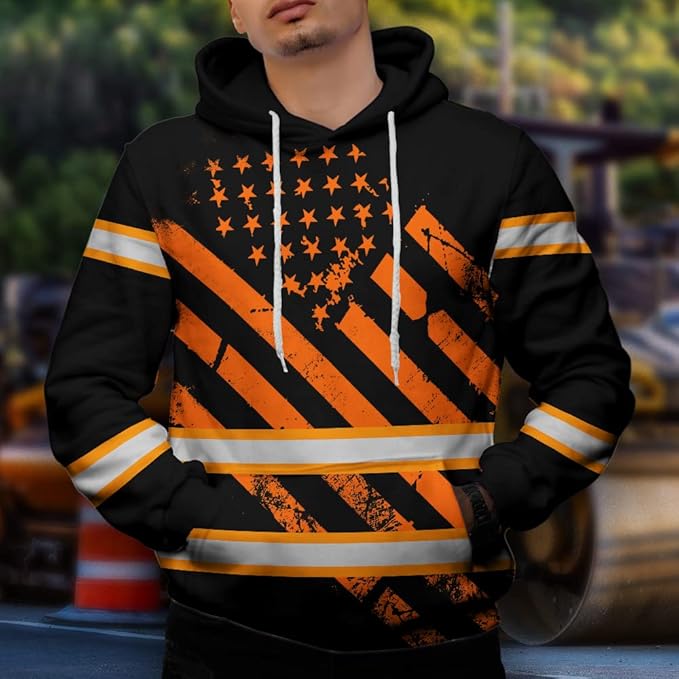 Color US Flag High Visibility Hoodie for Men Women Reflective Tapes Safety Workwear for Worker Runner Patriotic