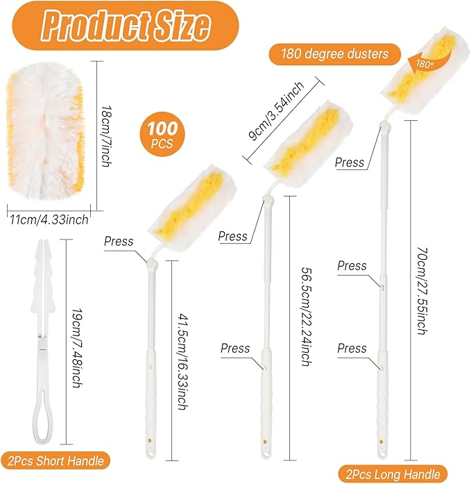 100 Pcs Duster Refills Bulk, Thickened Duster Refill Electrostatic Duster Head, Duster Refills for Cleaning with 2 Long Handles, 2 Short Handles, Disposable Duster Refills for Blinds(Yellow)