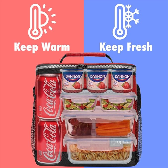 opux Extra Large Insulated Lunch Box Men Women, Lunch Bag for Work, Leakproof Soft Cooler Tote Adult, Lunch Pail, Picnic Beach Collapsible Food Bag with Shoulder Strap, Red