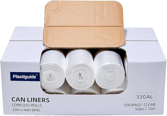 33 Gallon Clear Trash Can Liners, 33'' x 40'', 500 Count, High Density Garbage Bags for Home, Outdoor, Recycling, Commercial, and Industrial Use