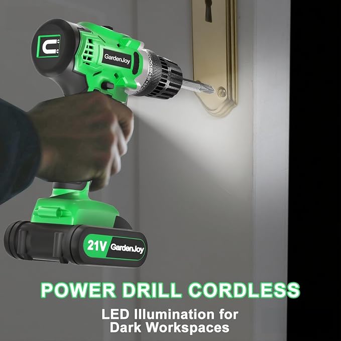 21V Power Drill Cordless Tool Kit Set, Electric Screwdriver Cordless Drill with 2 Battery and Charger for Men Home, 3/8-Inch Keyless Chuck, Variable Speed, 24+1 Torque Setting with LED(green)