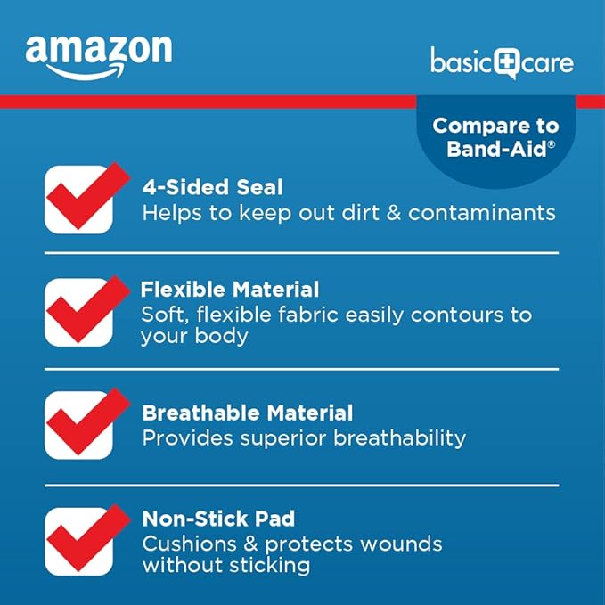 Amazon Basic Care Adhesive Bandages, Flexible Fabric, 100 Count | Pack of 3 | Assorted Sizes | First Aid