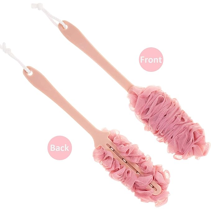 Back Scrubber for Shower,Loofah Long Handle Bath Body Brush,Soft Nylon Mesh Sponge for Shower,Loofah On a Stick for Men Women,Exfoliating Scrub Cleaning Luffa for Elderly(2-Pack,Pink)