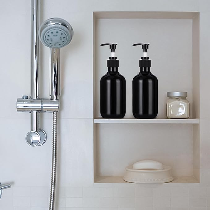 Yebeauty Pump Bottle Dispenser, 10oz 300ml Empty Plastic Shampoo Conditioner Dispenser, Refillable Shower Soap Dispenser Pump Bottle Liquid Containers for Kitchen Bathroom, 2 Pack Black