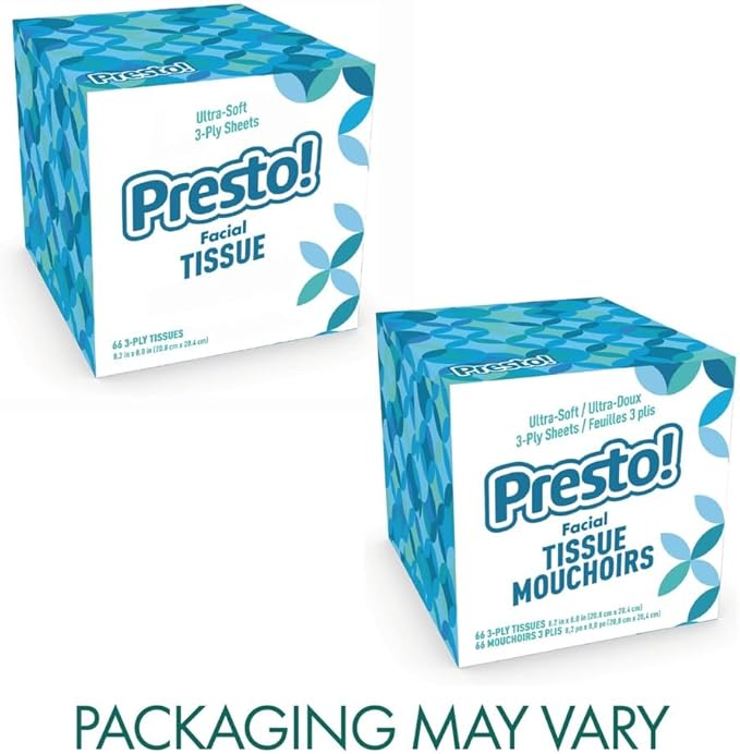 Amazon Brand - Presto! Ultra-Soft 3-Ply Premium Facial Tissues, 264 Count (8 Packs of 66), (Packaging May Vary)