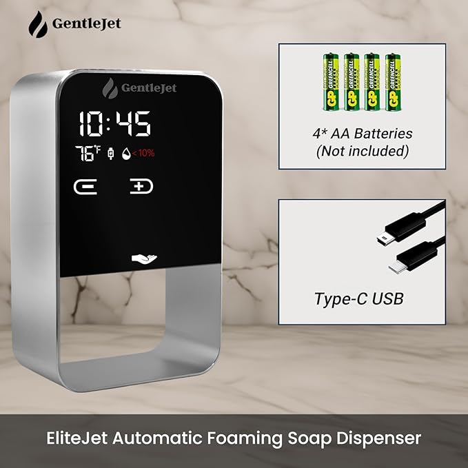 EliteJet Automatic Foaming Soap Dispenser Touchless - Wall Mount & Countertop, Aluminum Alloy Body, Automatic Soap Dispenser Touchless with Dual Power (USB/Battery), LED Display