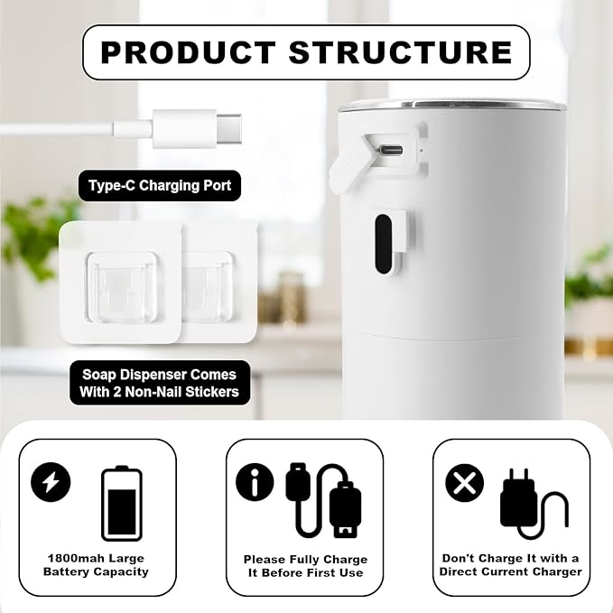 Automatic Soap Dispenser 13oz. Wall Mount Touchless 4 Gear Adjustable Electric Soap Dispenser USB Rechargeable with Infrared Motion Sensor for Bathroom Kitchen Office (White Foam)