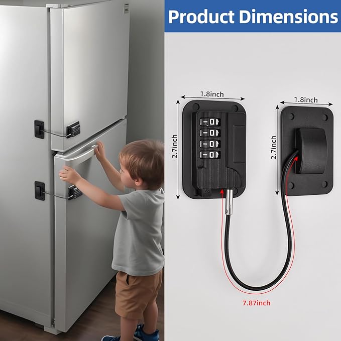 Refrigerator Lock, Heavy Duty Fridge Locks for Kids, Freezer Lock with Combination for Refrigerator Drawer Cabinet Safety, Easy to Install No Keys Needed Black, 2 Packs