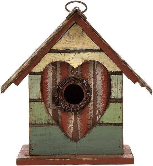 Glitzhome Hanging Bird House for Outdoor, 8.75" H Decorative Pet Cottage Distressed Heart Wooden Birdhouse for Outside,Graden Birdhouse for Bluebird Hummingbird Wren Finch Cardinals Cedar