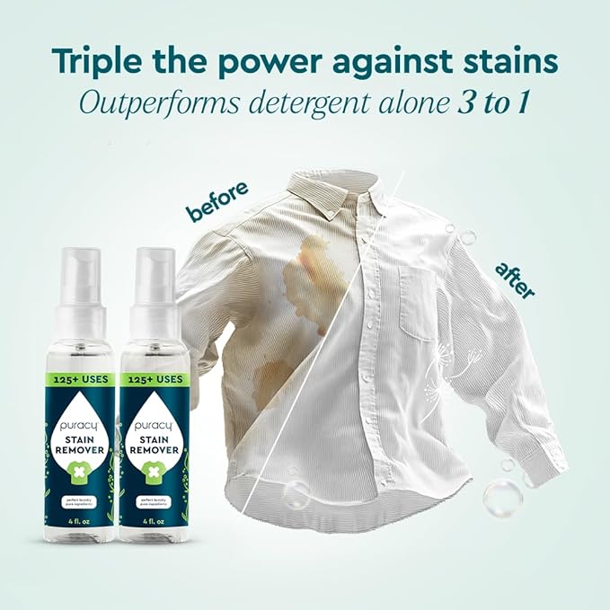 Puracy Stain Remover, Natural Travel and Laundry Stain Cleaner for Clothes, Baby Essentials, Kids Stains, Oil and Fabric Spot Cleaner, Unscented (Stain Remover Spray, 4 fl oz, 2 Pack)
