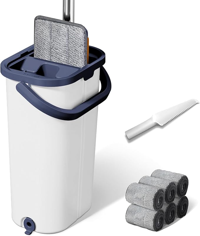 Mop and Bucket with Wringer: Hands-Free for Floors & Walls | Adjustable 360" Stainless Handle & 6 Reusable Microfiber Pads | Housewife/Parent-Friendly Design