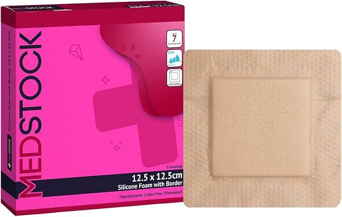 MEDSTOCK Silicone Foam Dressing with Border, 5"x5" (Pack of 5), Wound Care, Super Absorbent, Atraumatic Removal, Five Layers, Waterproof, Seals Wound Edges, No Adhesion Loss