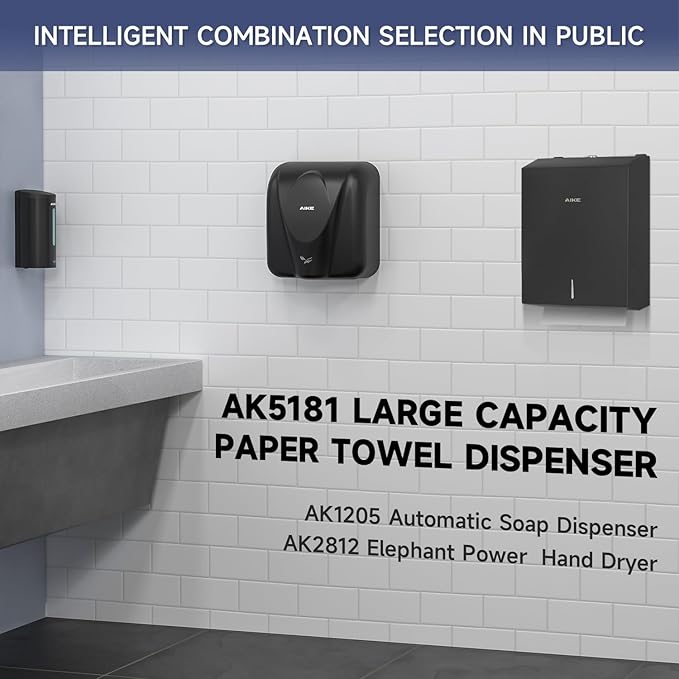 AIKE 400 Sheets Stainless Steel Multifold Commercial Wall Mount Paper Towel Dispenser, with Lock, Black AK5181 (Folded Size 10.6"x3.9" or Smaller)