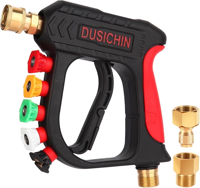 DUSICHIN Pressure Washer Short Wand High Power Spray Gun 5 Nozzle Tips Car Wash Foam Gun Foam Cannon Attachment 1/4" Quick Connector Outlet,3/8'' M22-14mm M22-15mm Fitting,Not Use with Garden Hose