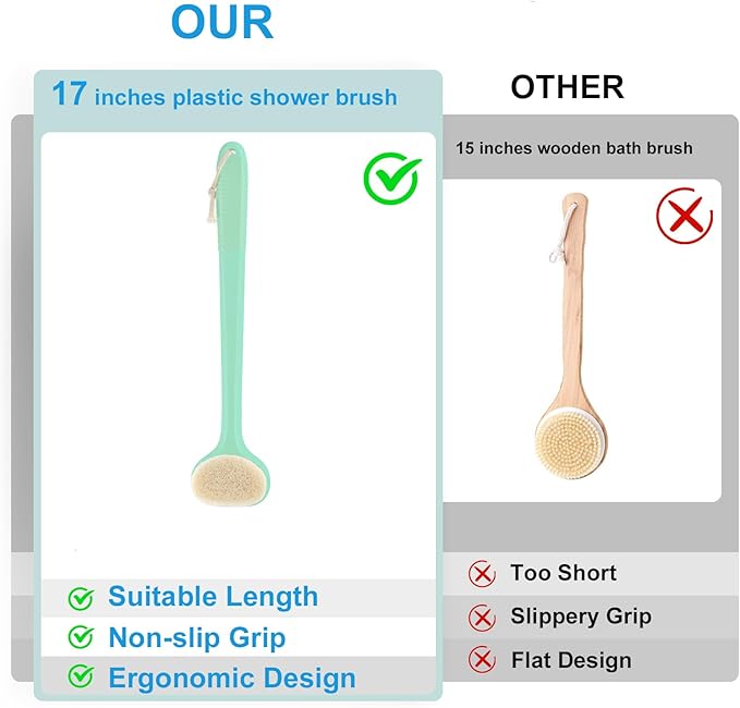 VANZAVANZU Back Scrubber for Shower, Bath Brush with 17-Inch Long Anti-Slip Handle, Wet and Dry Brushing Body Brush for Body Cleansing, Back Brush for Men and Women (Celadon Green)