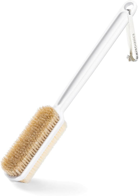 MainBasics Back Scrubber for Shower – Long Handle Dual-Sided Brush for Body Wash & Scrubbing with Exfoliating & Soft Bristles (White, Plastic)