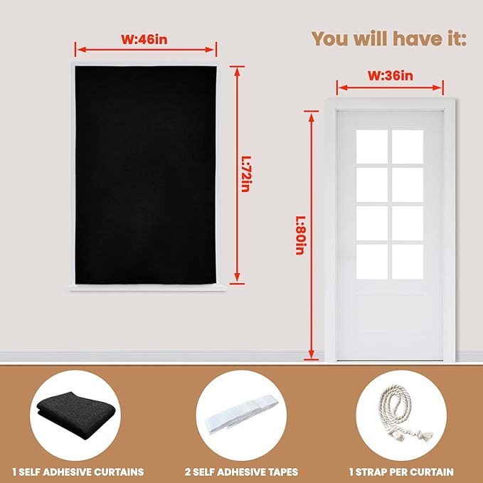 Adhesive Curtain,100% Blackout Curtains, No Drilling, Suitable for Multi-Scenes Privacy Protection (Black - W46 × L72 in)