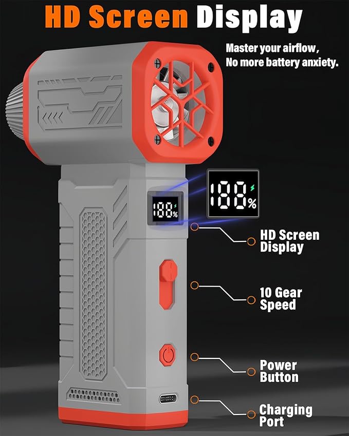 Compressed Air Duster, 130K RPM Powerful Cordless Electric Mini Blower with Display, 10-Gear Adjustable Jet Fan with Fast Charging, Rechargeable Air Blower for Home, Outdoor and Car (Gray, Blow)