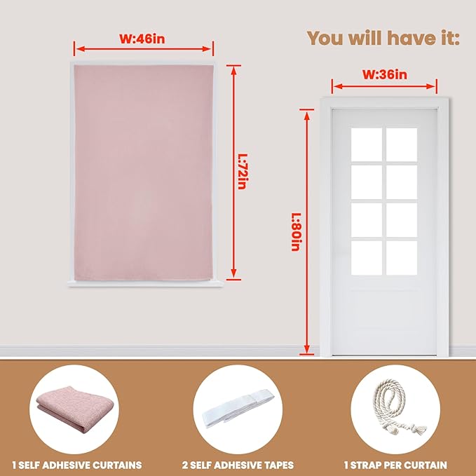 JILROIN Self Adhesive Curtains,100% Blackout Window Cover,No Drilling,Easy to Install,Provides Privacy Protection for Bedrooms (Light Pink - W46 × L72 in)