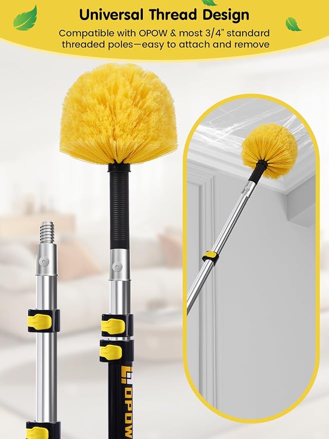 5-to-12 Foot Cobweb Duster with Extension Pole, Opow 20 Ft High Reach and 2 Replaceable Cleaning Washable Spider Web Brush Heads and Universal Joint Angle Adaptor Heavy Duty for Indoor & Outdoor Use