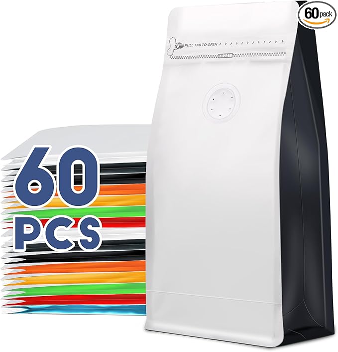 Coffee Bags with Valve(60pcs,16 oz,1 lb) Vented Coffee Beans Packaging Bags High Barrier Aluminumed Foil Flat Bottom Heat Sealed Side Zipper Resealable Storage Bag for Home or Business（White+Black）