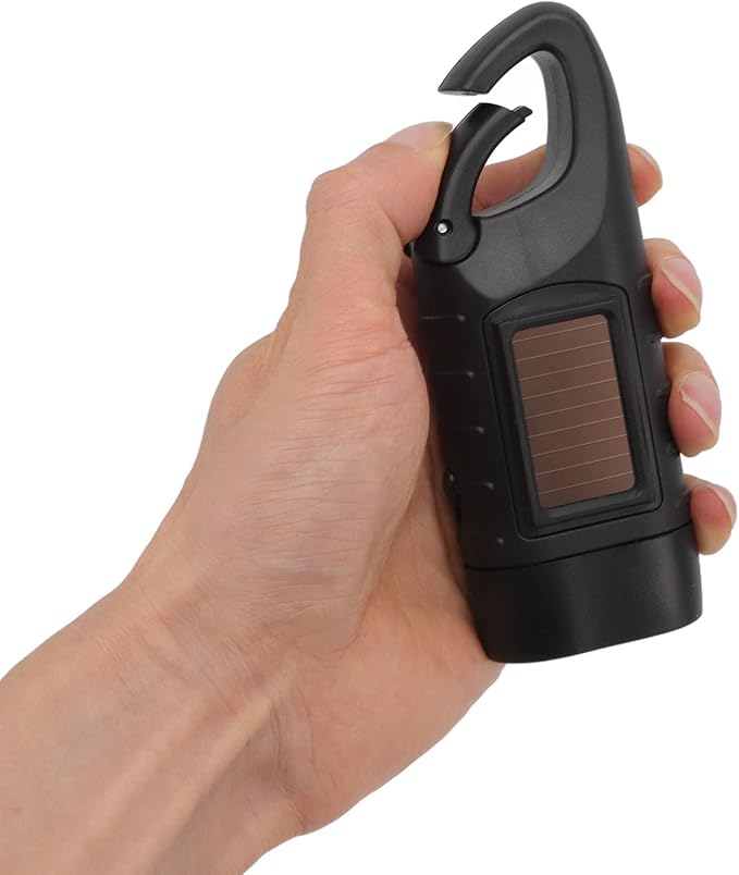 Hand Crank Solar Flashlight, Rechargeable Survival Light for Outdoor Camping, Hiking, Emergency, Plastic 4.9x1.8in