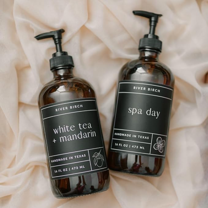 River Birch Tropical Mandarin Scented Natural Hand Soap - Handmade Soap - Moisturizing Hand Wash with Amber Glass Dispenser - Luxury Scented and Hydrating - Vegan and Non-Toxic - 16 Fl Oz