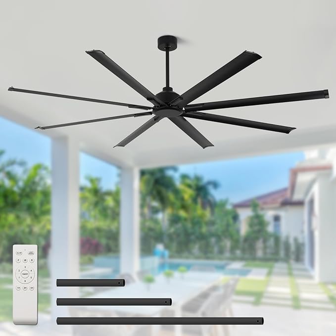 84 Inch Industrial Ceiling Fans without Lights，Large Ceiling Fan with 8 Reversible Aluminum Blades, 6-Speed Remote Control, Home or Commercial Ceiling Fan for Porch，Garage，Shop