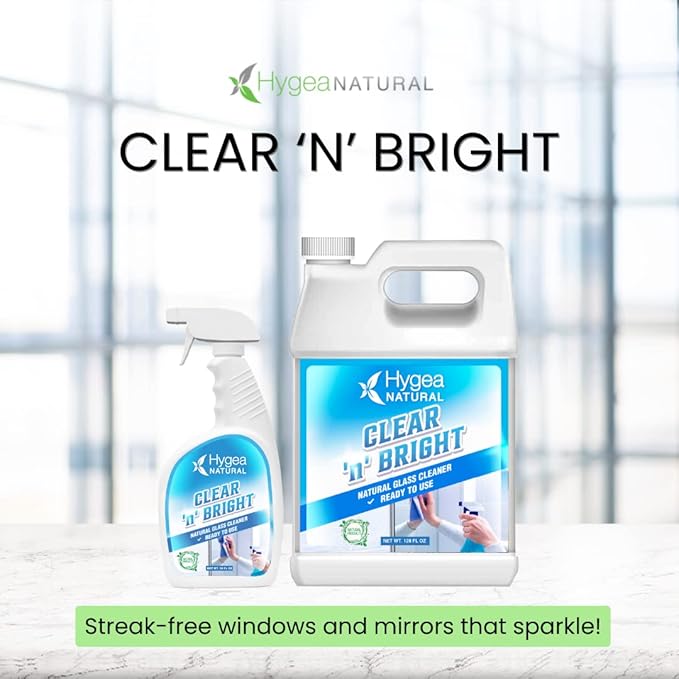 Hygea Natural Clear 'n' Bright - Non-Toxic Glass Cleaner Spray - Streak-Free & Ammonia-Free Window Cleaning - Window & Mirror Cleaning Supplies - Safe & Fast (3 Pack, 24oz Spray)