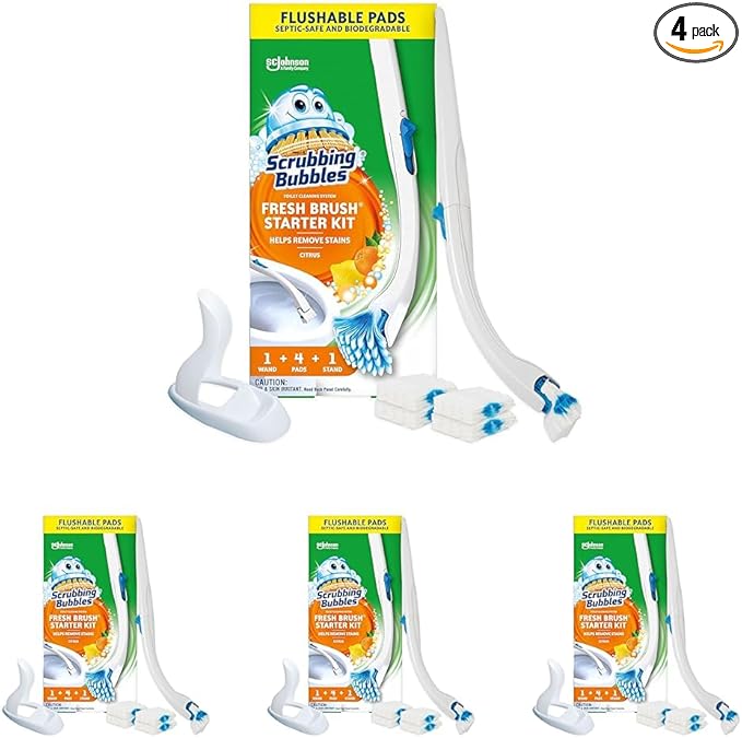 Scrubbing Bubbles Toilet Bowl Brush and Holder with Cleaner Refill Pads, Fresh Brush Toilet Wand Starter Kit, Cleans Limescale & Fights Odors, Citrus Scent, 1 Wand + 4 Refills + 1 Stand (Pack of 4)