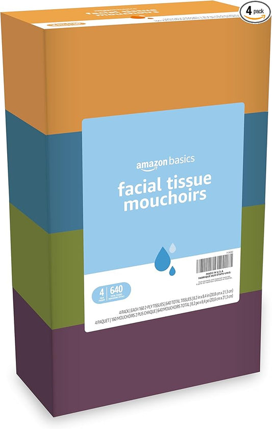 Amazon Basics Facial Tissue, 2-Ply, 160 Tissues per Box, 4 Boxes (640 total) (Previously Solimo)