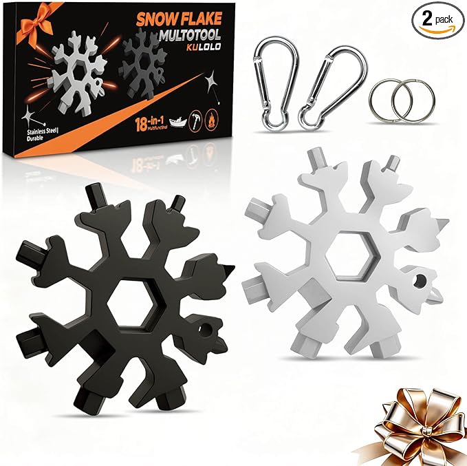 Snowflake Multi Tool 2 Pack - Stainless Steel 18 in 1 Multitool with Carabiner,Bottle Opener & Wrench,Stocking Stuffers for Men,White Elephant Gifts, Christmas Gifts for Him (Silver + Black)