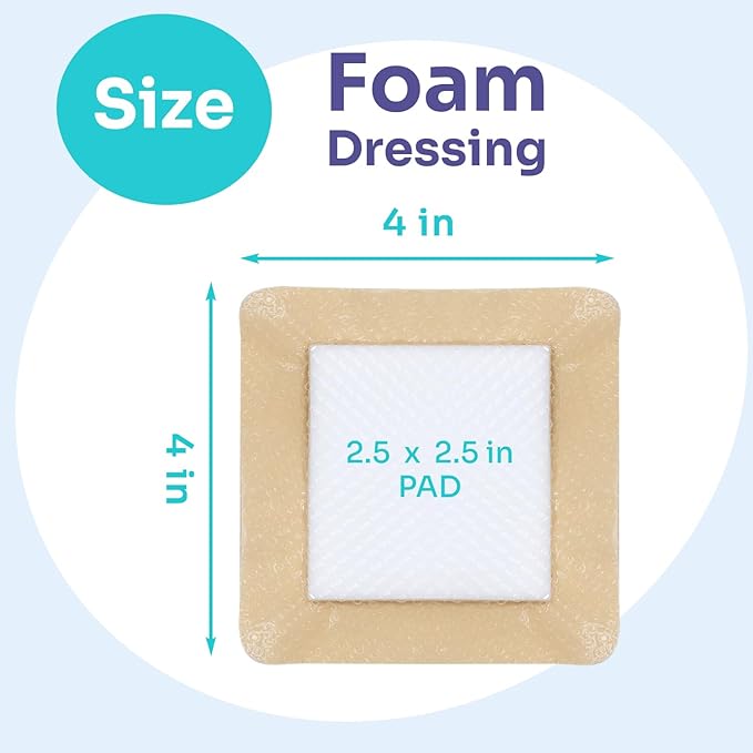 Conkote Silicone Adhesive Foam Dressings 4'' X 4'', Waterproof Bandages for Wound Care, Box of 10 Dressings