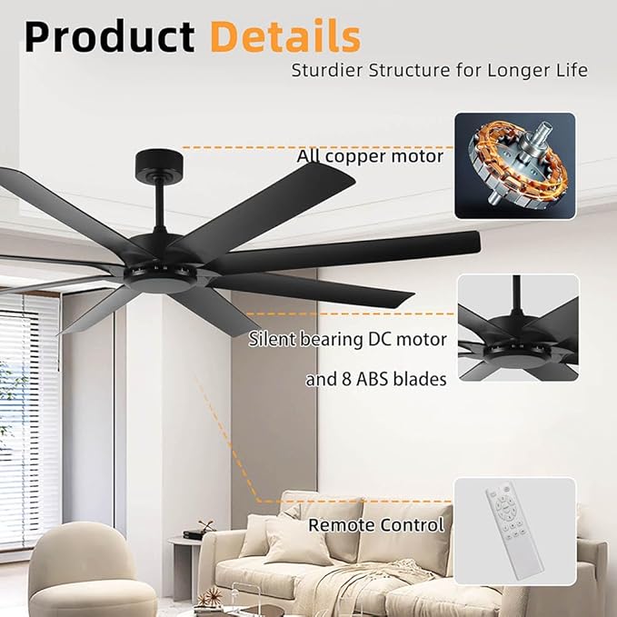 72inch Large Ceiling Fans No light,Industrial Ceiling Fan with 8 Blades(ABS),Reversible DC Motor,Quiet Fans with Remote control,3 Downrods,Black Ceiling Fans for Patio/Porch/Garage/Shop