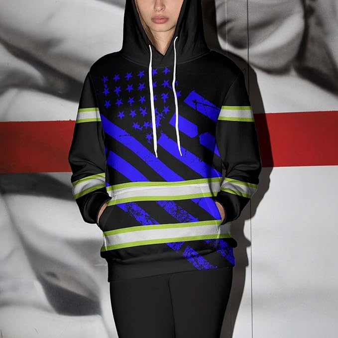 Color US Flag High Visibility Hoodie for Men Women Reflective Tapes Safety Workwear for Worker Runner Patriotic