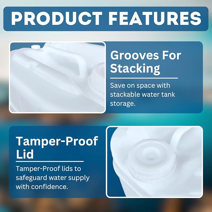 5-Gallon Stackable Water Storage Containers, 5 Gallon Tanks w/8 Lids + 2 Spigots, Easy Fill, Survial Supply Emergency Water Storage for Camping and Disaster Preparedness, RV, 6 Tank, (30 Gallon)