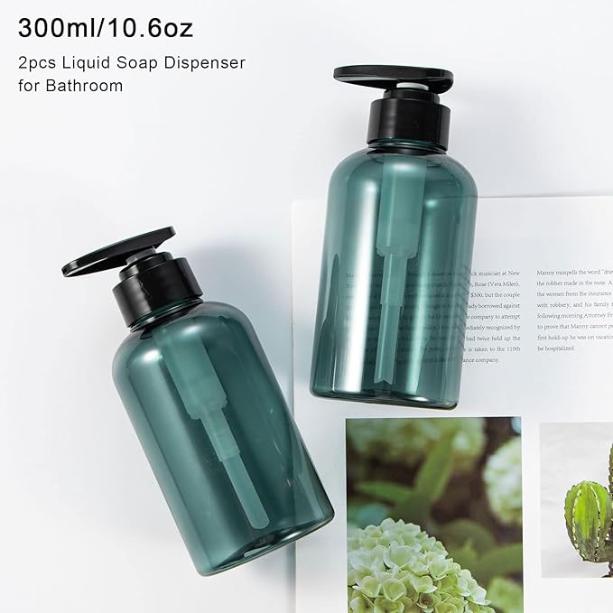 Yebeauty Empty Pump Bottle 10oz, 2 PCS Shampoo Bottles Dispenser with Pump Refillable Containers, 300ml Clear Blue