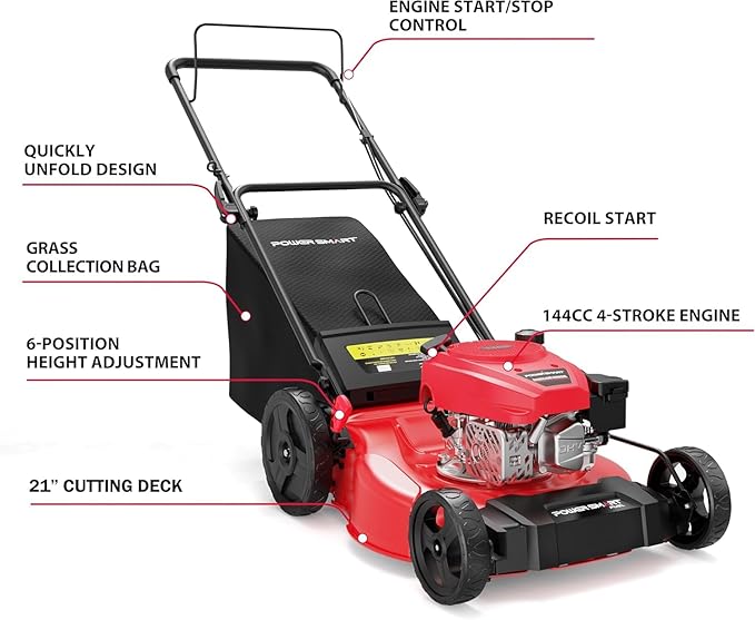 PowerSmart Lawn Mower Gas Powered, 21-Inch 144cc Engine 2-in-1 Walk-Behind Push Lawn Mower, Oil Included