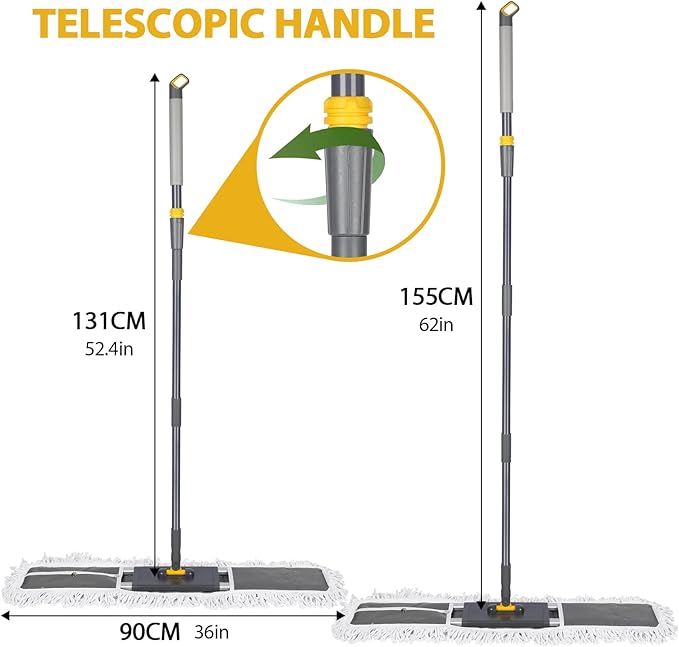 MASTERTOP 36" Professional Industrial Dust Mop for Floor Cleaning, Heavy Duty Wet & Dry Commercial Mop,Large Flat Floor Mops with Telescopic 62'' Long Handle,Dust Broom for Hardwood,Tiles,Office