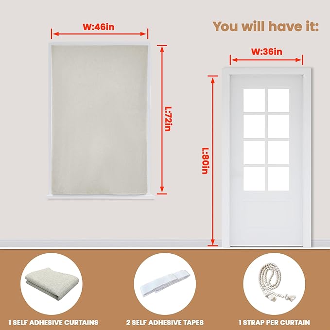 Adhesive Curtain,100% Blackout Curtains, No Drilling, Suitable for Multi-Scenes Privacy Protection (Light Beige - W46 × L72 in)