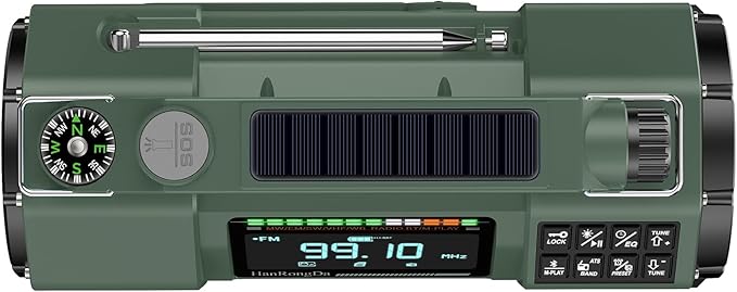 Emergency FM/AM/SW/VHF Weather Radio Bluetooth and Micro SD card playback， Big Flashlight/Speaker,Type-C, Solar Hand Crank Charge, 5000mAh Replaceable Battery,Cell Phone Charger Hurricane Survival kit