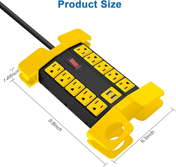 CCCEI Heavy Duty Power Strip with USB Ports, Garage 10 Outlets Surge Protector 2700 Joules, Industrial Workshop Metal 15Amp Multiple Outlets, 6 FT Extension Cord and Wide Spaced Black