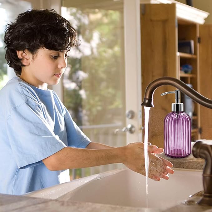 2 Pack Glass Soap Dispenser with Pump, 400ml Liquid Soap Dispenser for Soap, Shampoo and Lotion Refill for Kitchen, Bathroom, Laundry (Purple)
