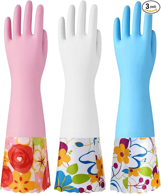 Bamllum 3 Pairs Rubber Cleaning Gloves, Household Kitchen Dishwashing Gloves with Cotton Flocked Liner, Long Cuff 16 Inches, Reusable, Non-Slip (Medium, Blue+Pink+White)