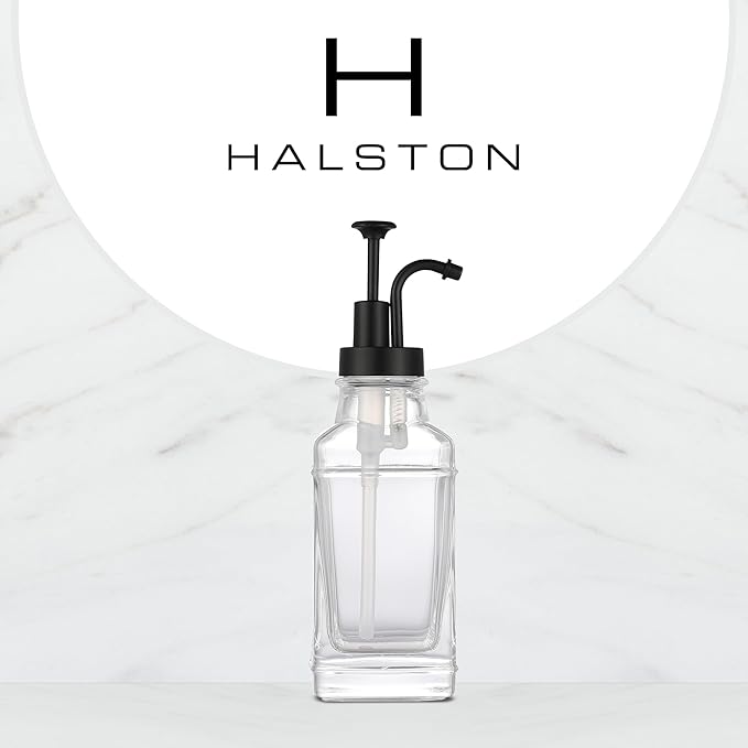 Clear Glass Soap Dispenser with Matte Black Dispenser Pump, Modern Refillable Pump for Bathroom, Kitchen, or Office, Elegant Accent Piece for Interior Decoration